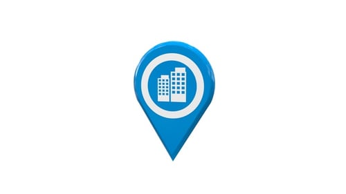 3D Animated Location Pin with Buildings Icon Reveal
