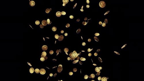 A Lot Of Bitcoin Crypto currency Gold Bitcoin BTC Bit Coin falling loop animaion.