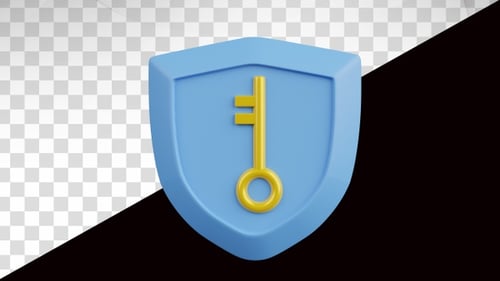3D Animated Blue Security Shield with Golden Key Reveal