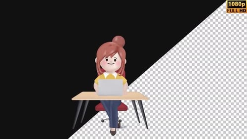 3D Girl Works At a Laptop | Alpha Channel