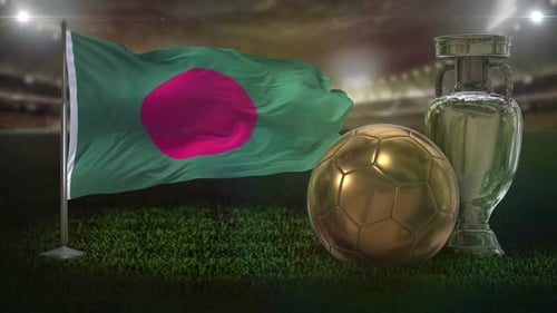 Waving Bangladesh Flag with Gold Football and Trophy Animation