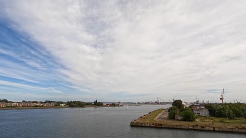 Dramatic sky. The sea, the horizon. Timelapse. Time lapse of fast flying clouds in the sky.