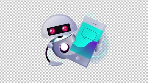 Animated Robot and Smartphone with Chat Bubble Icon