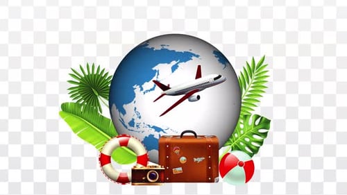Animated Globe with Flying Airplane and Travel Items