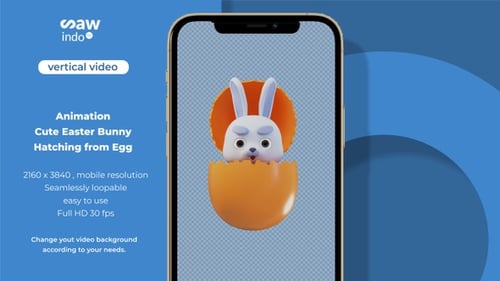 3D Animation Vertical Cute Easter Bunny Hatching from Egg Loop 4K No Background