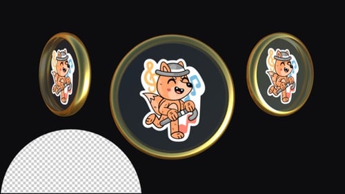 Animated Cartoon Fox Sticker Playing Music in Rotating Gold Circle