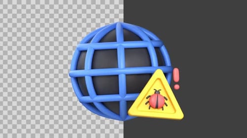 3D Animated Globe with Cyber Security Bug Warning Symbol