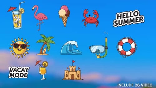 Summer Sticker Animation Loop 26 Tropical Icons for Vacations & Beach Vlogs