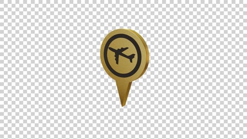 3D Golden Rotating Map Pin with Airplane Icon