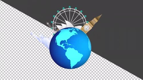 Animated World Travel Landmarks Around Rotating Earth