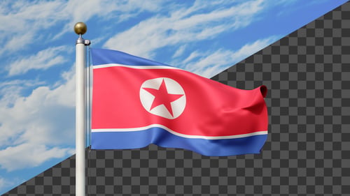 Bandera de Corea del Norte ondeando en un mástil, incluye el alfabeto
