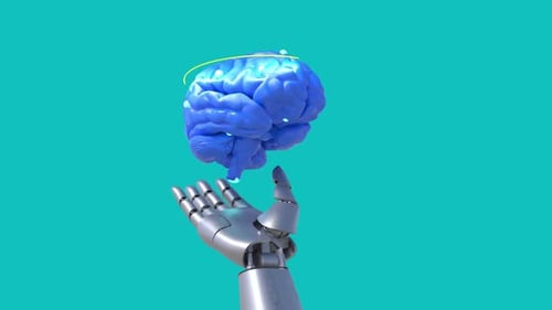 Futuristic Robot Hand Holding Animated Digital Brain