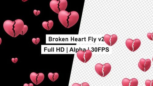 Liebesikonen mit gebrochenem Herzen fliegen mit Alpha