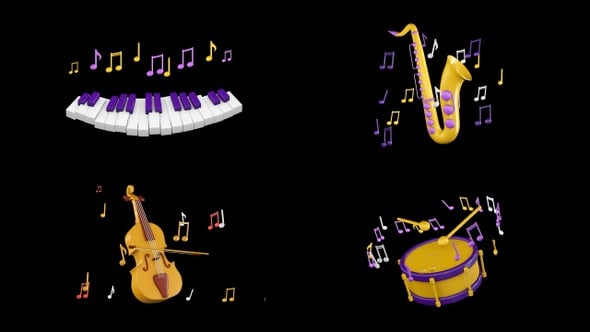 Animated 3D Musical Instruments with Floating Music Notes, Overlays ...