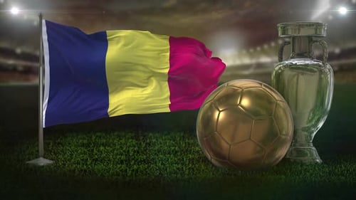 Romania Flag Waving, Golden Football, and Silver Trophy in Stadium