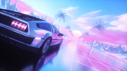 Colorful Synth Wave Backdrop Of Riding Car And Landscape