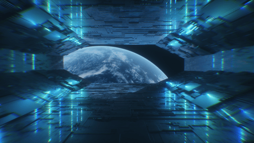 Sci Fi Futuristic Neon Glowing Tunnel In Space With Planet Earth View