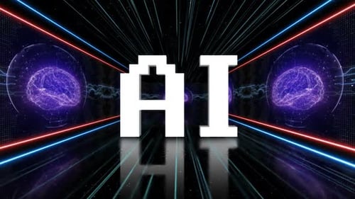 KI-Text und Gehirn-Animation für maschinelles Lernen, auf Alpha-Kanal, Looped