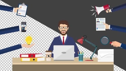 Animated Businessman Multitasking at Desk Flat Design