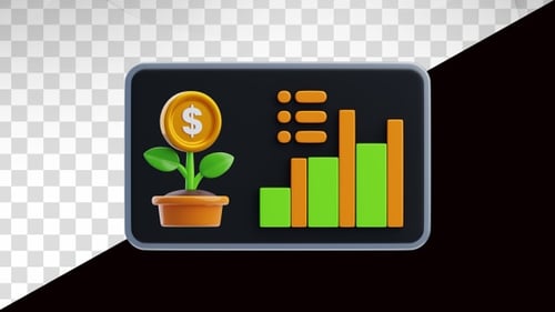 3D Animation of money growth plant with bar chart