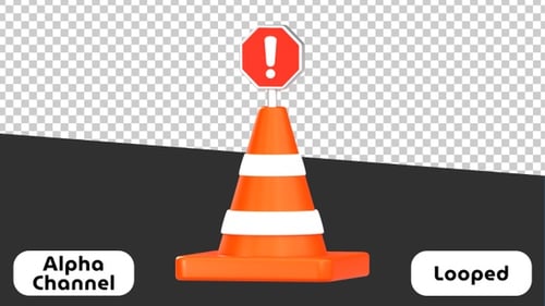 3D Traffic Cone with Stop Warning Sign Animation | Alpha Channel