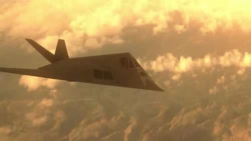 Military Stealth Jet Flying Through Golden Clouds at Sunset