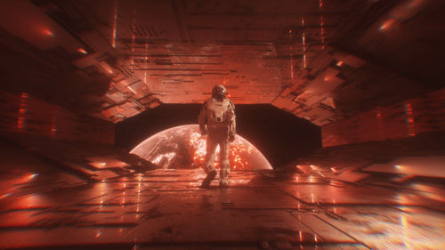 Astronaut Walking In Sci Fi Neon Lights Tunnel With View On Apocalyptic Burning Planet Earth