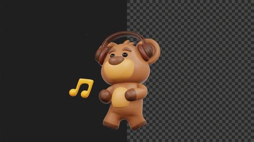 3D Cute Bear Listening to Music Animation | 4K Transparent Video