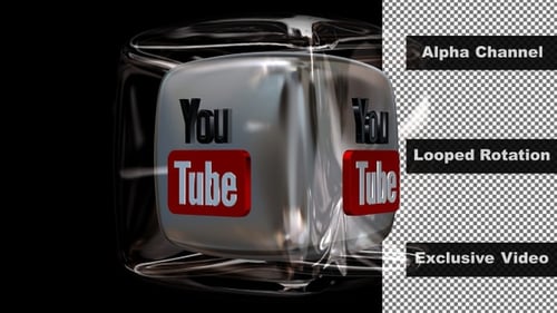 Rotation of the YouTube Logo in a Glass Cube, Alpha Channel, Unique Design, Exclusive, 3D Render
