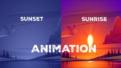 Animated Flat Design Landscape with Time-Lapse Sunrise and Sunset