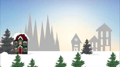 Animated Winter Village Scene with Snow and Fir Trees