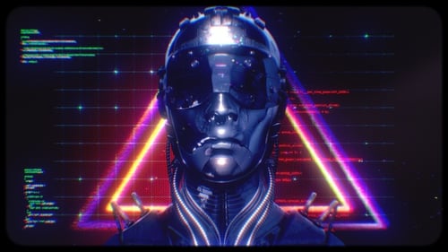 Cybernetic Robot Head with Glitch and Neon Digital Effects