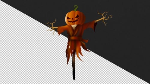Animated Halloween Pumpkin Scarecrow Character with Glowing Eyes