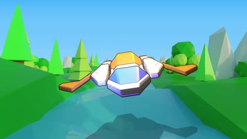 Low Poly Futuristic Craft Flying Over River in Geometric Landscape