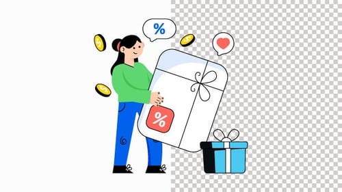 Animated Flat Design Illustration of Woman Holding a Gift Card with Discounts