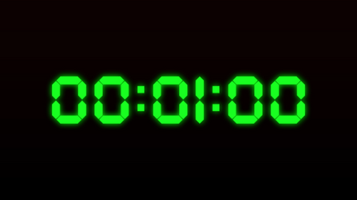 Digital clock showing one minute in green light.