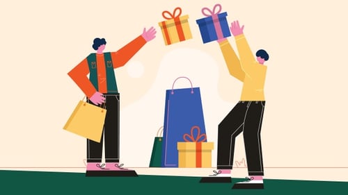 Flat Design Animation of Two People with Gifts and Shopping Bags