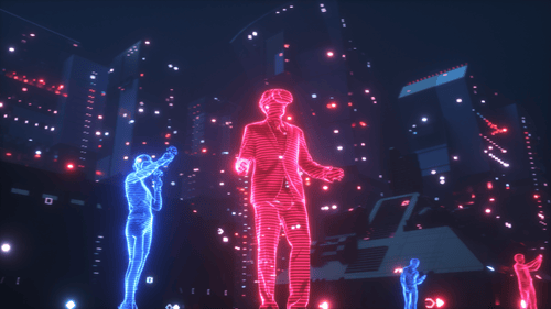 Digital Hud Characters In Futuristic Metaverse City