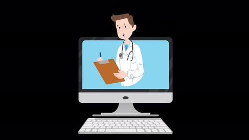 Animated Doctor Character with Clipboard in Computer Monitor