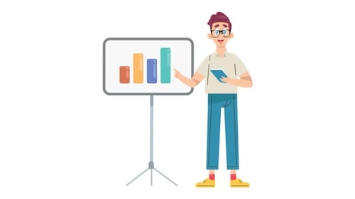 Flat Design Cartoon Character Presenting Animated Bar Chart Data