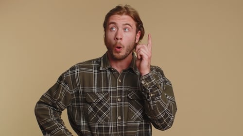 Inspired Adult Man Pointing Finger Up Showing Eureka Gesture Solution Idea Inspiration Answer