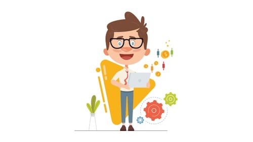 Animated Business Man Working on Laptop with Technology Icons