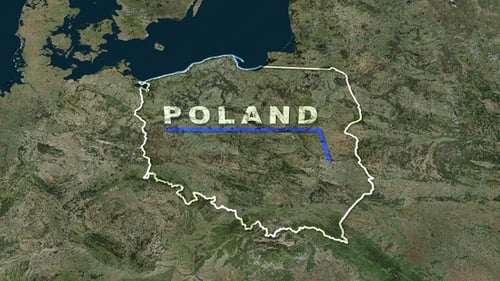 World Map Zoom to Poland with Country Outline and Name Reveal