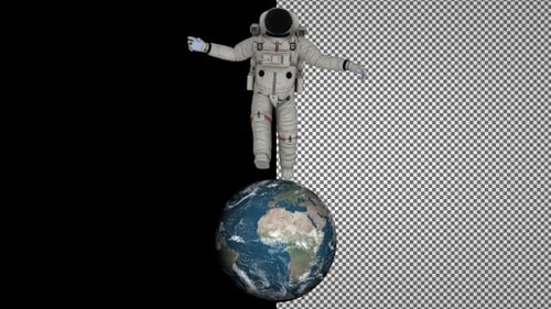 Happy astronaut runs on the planet Earth. Alpha Channel