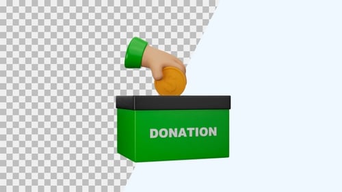 Animated 3D Hand Drops Coin into Green Donation Box