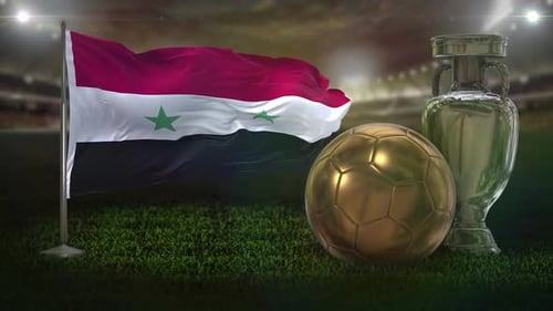 Syria Flag Waving with Golden Soccer Ball and Championship Trophy