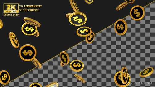 Falling Golden Dollar Coins with Alpha Channel Loop