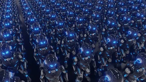 Futuristic Robot Army Marching Loop with Blue Cybernetic Glow