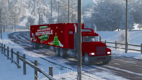 Animated Christmas Sale Banner on Red Truck Driving in Snow