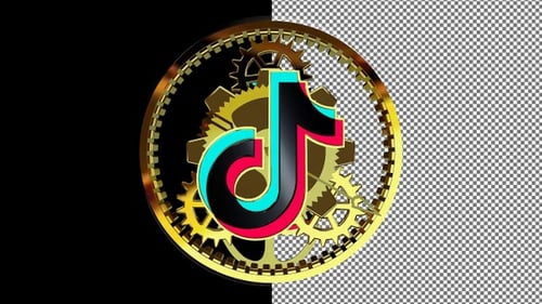 Logotipo giratório do TikTok com mecanismo de relógio dourado atrás do vidro, canal alfa, exclusivo, renderização 3D